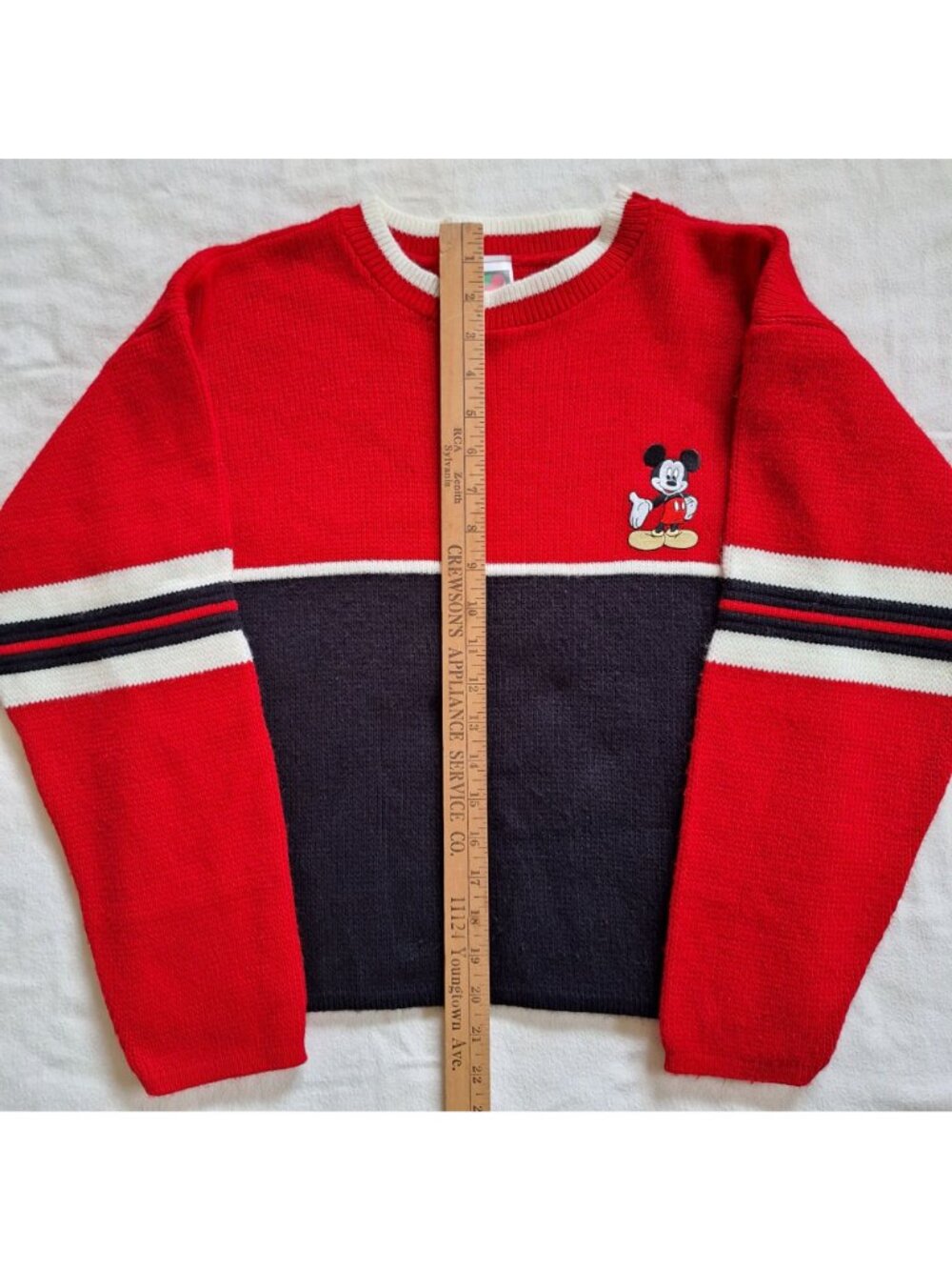 Mickey Unlimited Sweater L Vintage 90s Embroidered Patch Red Black Kids Large - Picture 5 of 14